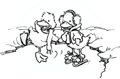 Enten laufen zu zweit über das Eis. Zum Ausmalen.
