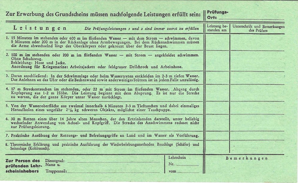 Rückseite der Prüfungskarte für den Grundschein nur für Angehörige der Wehrmacht, ab 1938.