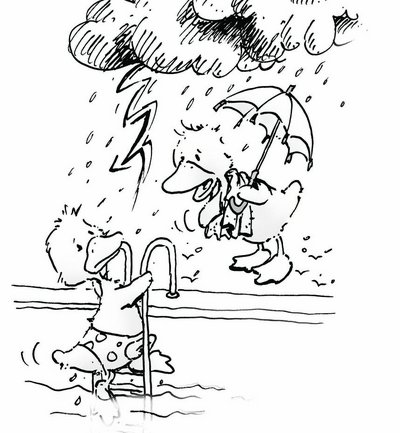 Eine Ente klettert bei Gewitter aus dem Becken. Zum Ausmalen.