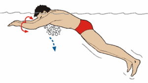 Erschöpfter Schwimmer lässt sich auf dem Bauch treiben und hebt den Kopf nur zum Atmen aus dem Wasser.