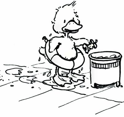 Eine Ente schmeißt Müll in einen Mülleimer. Zum Ausmalen.