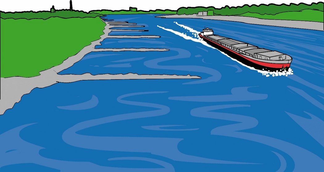 Zeichnung Schiffe und Buhnen im Fluss