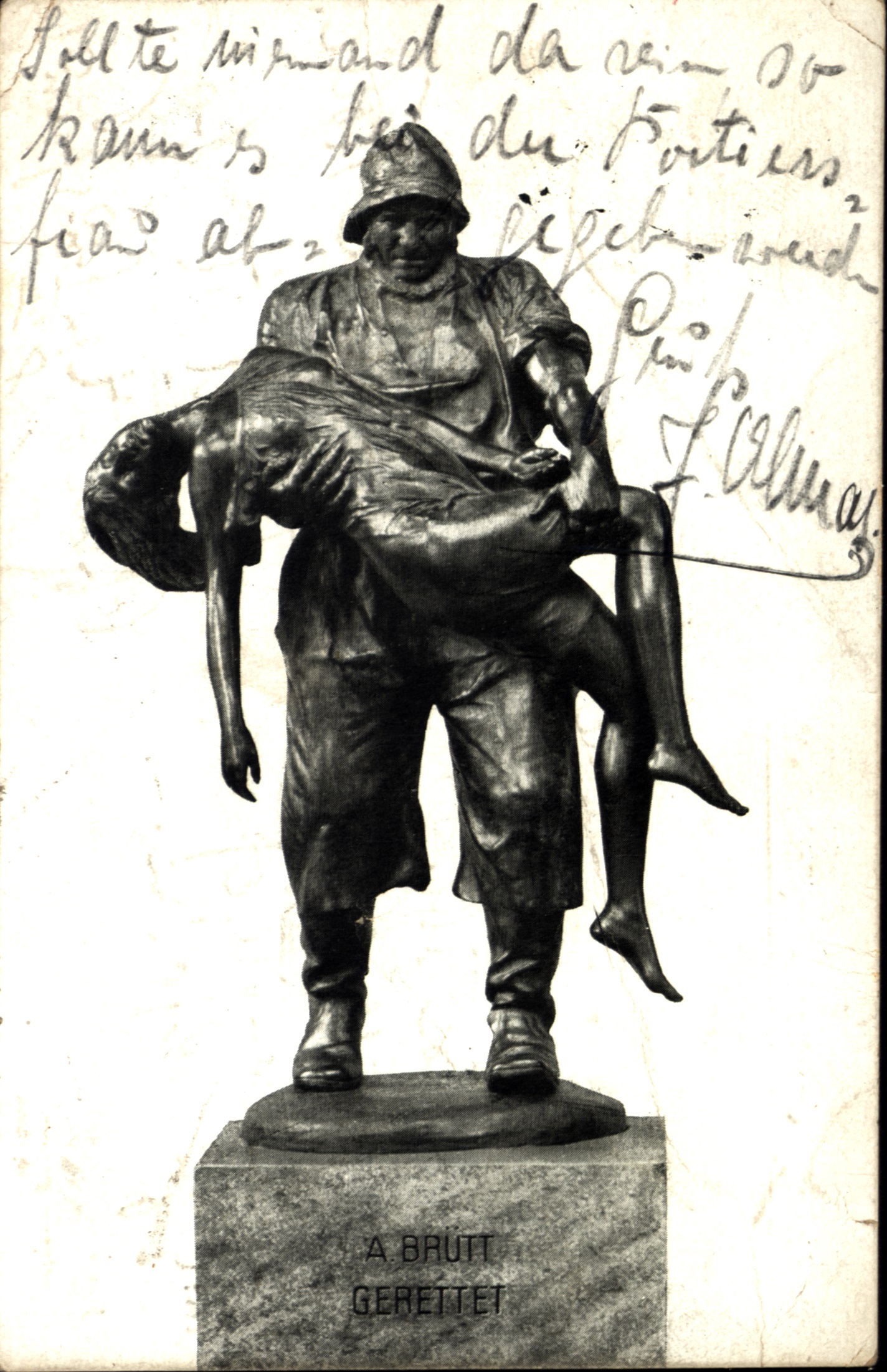 Postkarte aus dem Jahr 1924 mit dem Bild einer Bronzestatue.