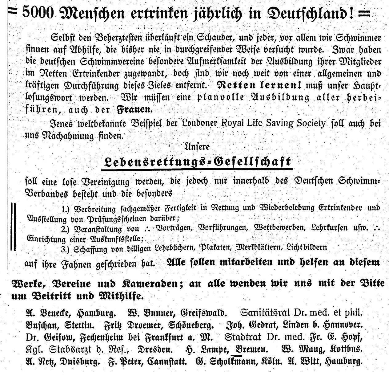 Der Gründungsaufruf aus dem "Deutschen Schwimmer" vom 5. Juni 1913.